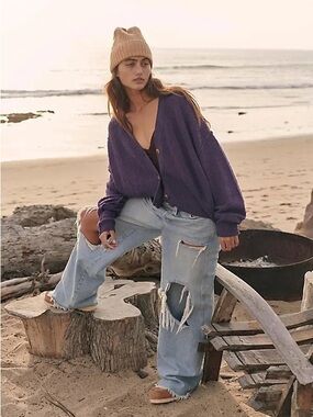 Free People Found My Friend Cardi Dark Blue Textured Slouchy Boxy Boho